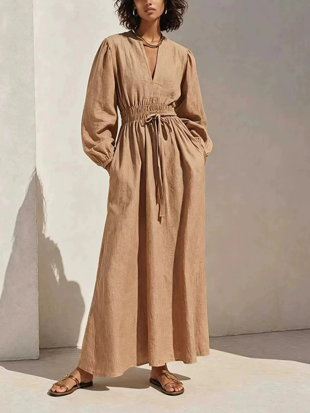ZARA Womens Linen Long Puff Sleeve Vacation Maxi Dress Elastic Waist Tie Belt
